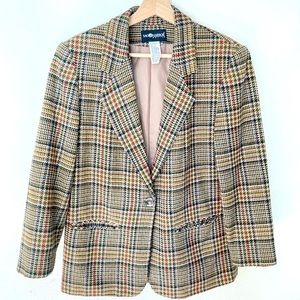 Vintage Sag Harbor Wool Blazer Jacket Academia Tartan Houndstooth Brown 10P